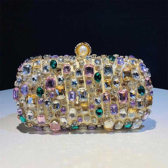 NWT Gold Multi-Color Crystal Rhinestone Evening Clutch Bag Wedding Formal Purse